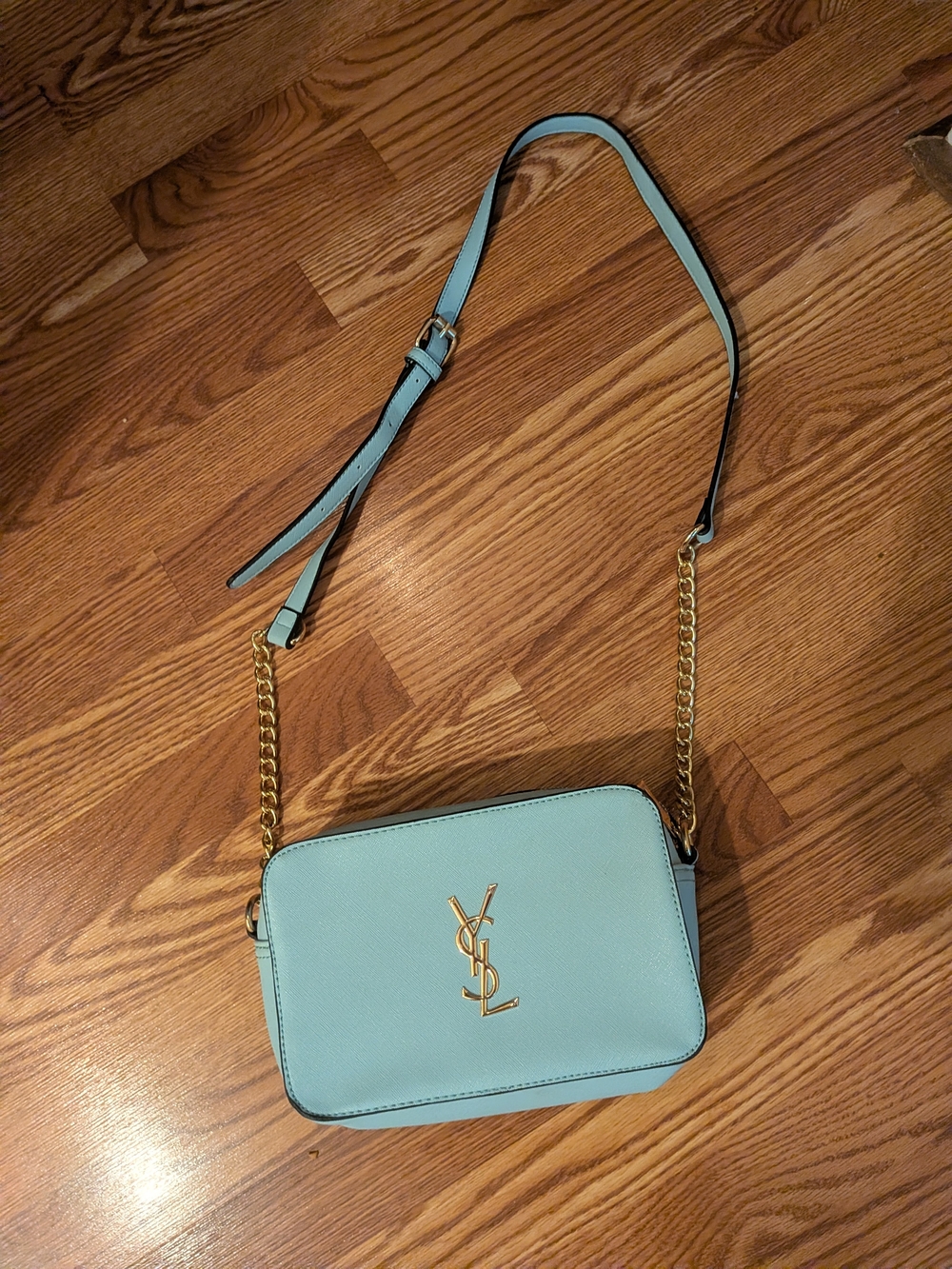 Inspired Light Blue Camera Style Bag with Gold Chain